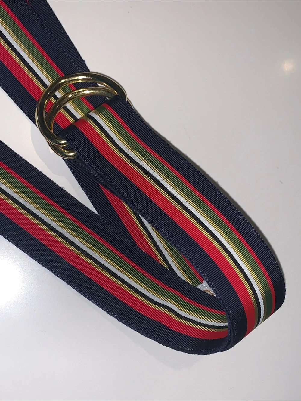 FH WADSWORTH Striped Navy Multicolor Webbing Belt with Gold O-Ring